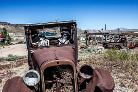 Fort T model with skeletons in the ghost town of Goldfield, Nevada, USA, North America