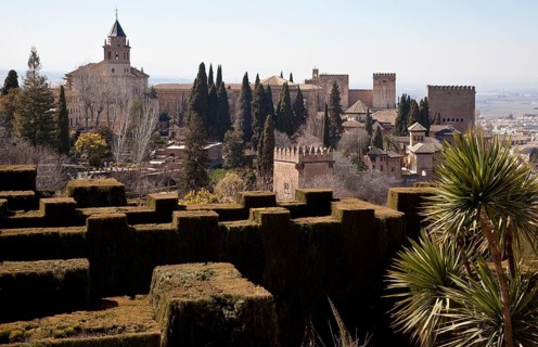 Generalife, view from the new gardens to the main part of the Alhambra, on the left the church of