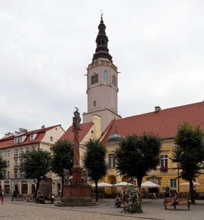 View of the town hall tower, 14th century, collapse 1967, reconstruction 2010-12, in front Trinity
