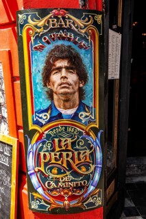 Diego Maradonna on poster at El Caminito, La Boca, Buenos Aires, Argentina, South America