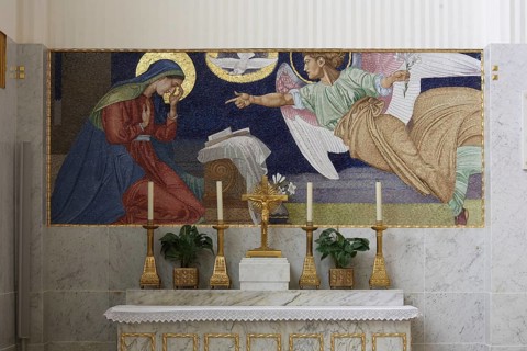 Side altar with mosaic, angel, Annunciation scene, St., Saint, Saint