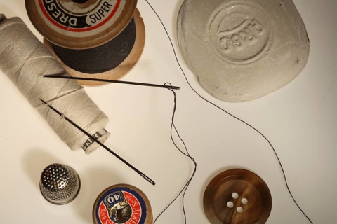 Sewing supplies, needle, thimble, button, knob, ? pin?, sewing thread, sewing-thread, sew on