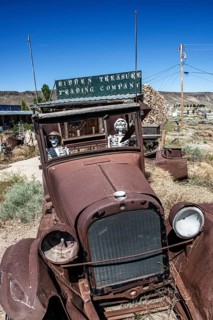 Fort T model with skeletons in the ghost town of Goldfield, Nevada, USA, North America