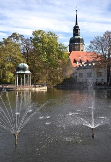 View across the pond to the north-east towards the pond arbour and the town church, St., Sankt,