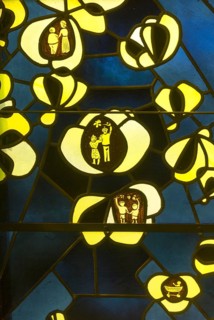 Built in 1954-1955 by Gottfried Böhm, window wall behind the altar, section with roses and