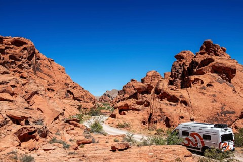 Motorhome at Atlatl Rock Campground, Valley of Fire State Park, Nevada, USA, North America