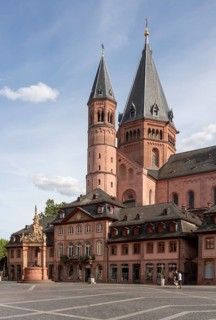Mainz, St Martin's Cathedral, north side with baroque houses and market fountain