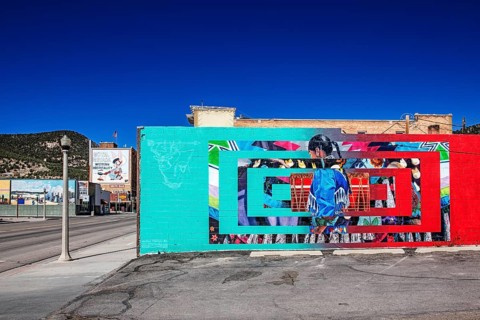 Wall painting with First Nations motif, Ely, Nevada, USA, North America