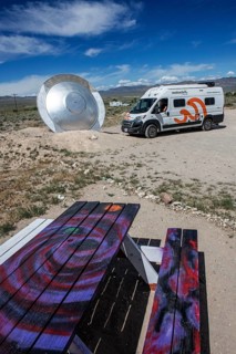 Motorhome in front of the E.T. Fresh Jerky Shop, Extraterrestrial Highway, Rachel, Nevada, USA,