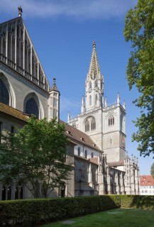Constance, Minster, north side, view westwards to the tower, remains of the cloister on the left