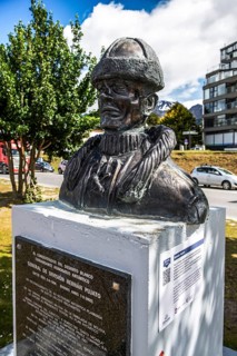 Hernan Pujato bronze bust in the harbour of Ushuaia, Argentina, South America