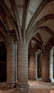 Crypt of the massive columns under the late Gothic choir of the abbey church, built 1446-50, St.,
