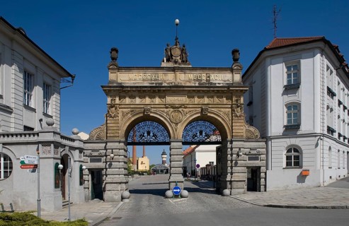 Czech Rep Plzen/Pilsen Urquell brewery anniversary gate. From 1892