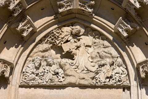 Northern west portal, tympanum, God hands over the tablets of the law to Moses, St., Saint, Saint