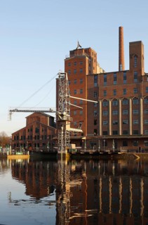 View of the south side, Werhahn mill with grain crane