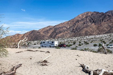 Motorhome trailing SUV, Death Valley National Park, California, USA, North America