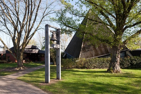 Krefeld, portable tent church St Hubertus with free-standing bell, built in 1959 by Heinz Döhmen,