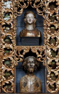 Golden chamber with reliquaries after restoration with historic colour scheme (blue), north wall,