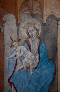 Wall painting in the choir: Madonna, St., Saint, Saint
