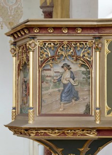 Bad Birnbach. Parish church. Neo-Gothic pulpit relief The Parable of the Sower by Sebastian Höfele,