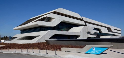 Montpellier, multi-purpose building PIERRESVIVES, built 2006-2012 by Zaha Hadid, courtyard side