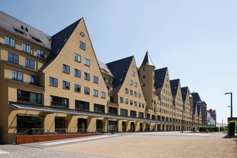 Historic Siebengebirge warehouse, converted into modern residential buildings, landside