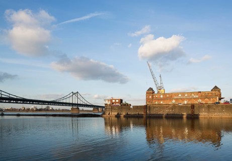 Krefeld-Ürdingen, Rhine harbour, warehouses and Rhine bridge