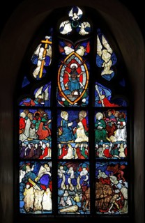 Stained glass on the south window with the Last Judgement, St., Sankt, Saint