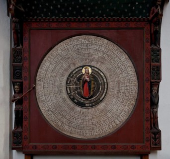 Astronomical clock 1464-70 by Hans Düringer, lower dial with crescent moon Madonna in a halo, St.,