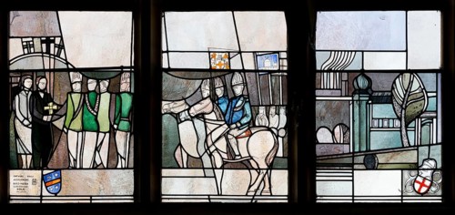 Modern window north side with depiction of Gymnicher Ritt (design: Pauli), St., Sankt, Saint