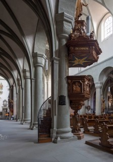 Constance, cathedral, interior, north aisle facing east with Romanesque columns and baroque pulpit