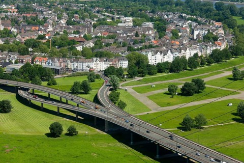 Düsseldorf, view from the Rhine tower to Oberkassel with Rhine meadows and Rhine knee bridge