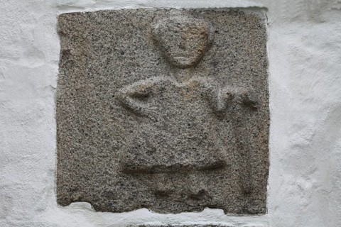 DNK, Langeland, Skroebelev, village church, ca. 12th century, Exteriör, granite sculpture, north
