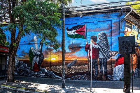 Graffiti art Free Palestine in the Bellavista neighbourhood, Santiago de Chile, Chile, South