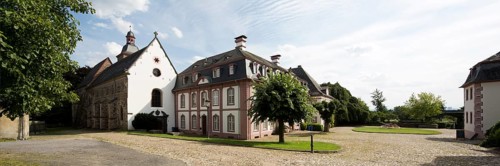 Monastery courtyard, abbot's and convent building, on the left the monastery church, St., Sankt,