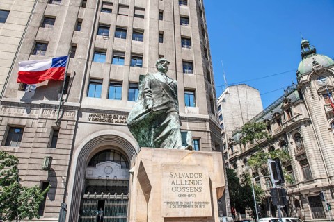 Monument to Salvador Allende Gossens in front of the Ministry of Justice, Santiago de Chile, Chile,