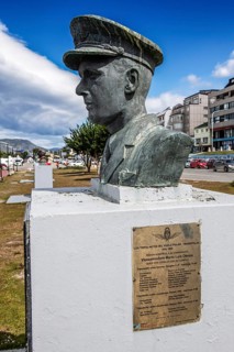 Vicecomodoro Mario Luis Olezza -bronze bust at the harbour of Ushuaia, Argentina, South America