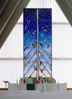 View into the tent-like interior towards the altar with glass picture, St., Saint, Saint