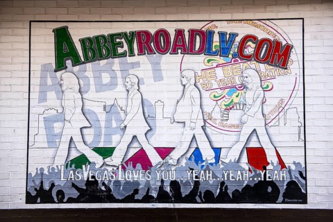 Sign in honour of the Beatles who crossed the zebra crossing here, Freemont Street, Las Vegas,