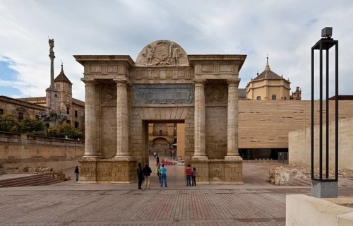 Cordoba, Puerta del Puente. Field side left Triumphal column of St Rafael right Dome of the mosque
