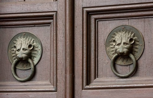 Mainz, St Martin's Cathedral, east choir, north portal, bronze lion heads as door handles