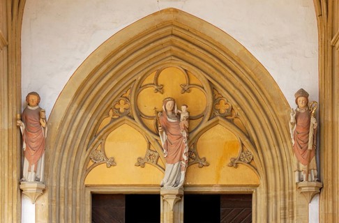 Porch (paradise) inside, portal, Mary with child, church patrons Martinus and Severus, St., Sankt,