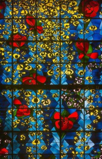 Built in 1954-1955 by Gottfried Böhm, window wall behind the altar, detail with roses