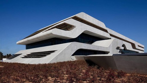 Montpellier, multi-purpose building PIERRESVIVES, built 2006-2012 by Zaha Hadid, view from south