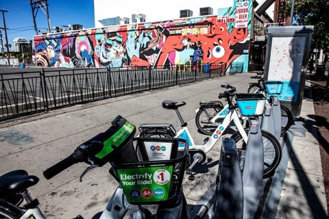 Bike hire station, Freemont Street, Las Vegas, Nevada, USA, North America