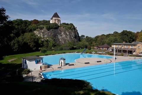View from the east, in front Felsenbad, outdoor pool, St., Sankt, Saint