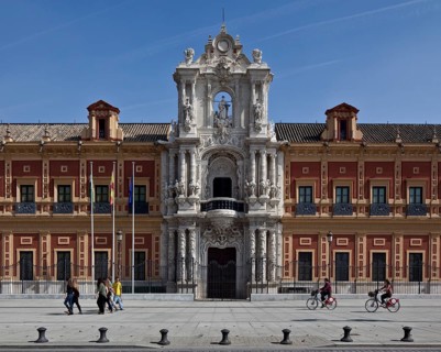 Seville, San Telmo Palace. San Telmo Palace west façade section with main portal. Facade from 1757