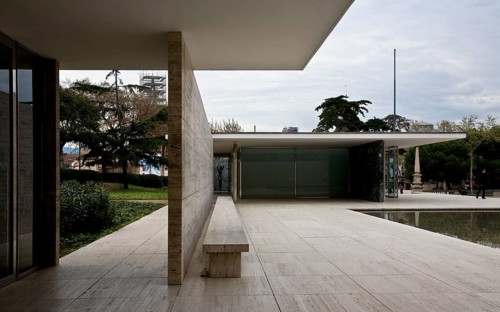 Barcelona Pavilion Pavilion of the 1929 World Exhibition, reconstruction 1983-1986, view from the