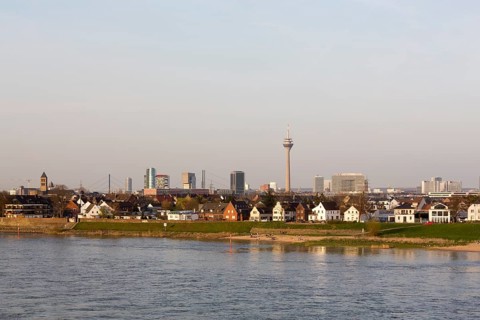 Düsseldorf, view of the city centre and the Hamm district from the Südbrücke bridge