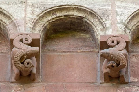 Basel, Cathedral (Basel Minster), chancel apse, blind arch with pair of rams